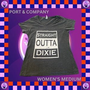 Grey and white "straight outta dixie" women's medium tee